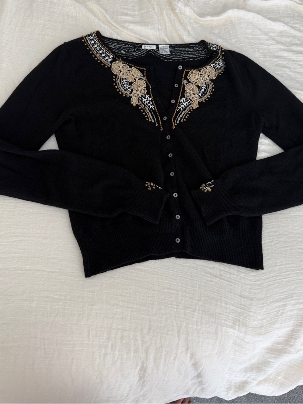 100% Cashmere Black Cardigan with Gold and Silver Embellished Beading